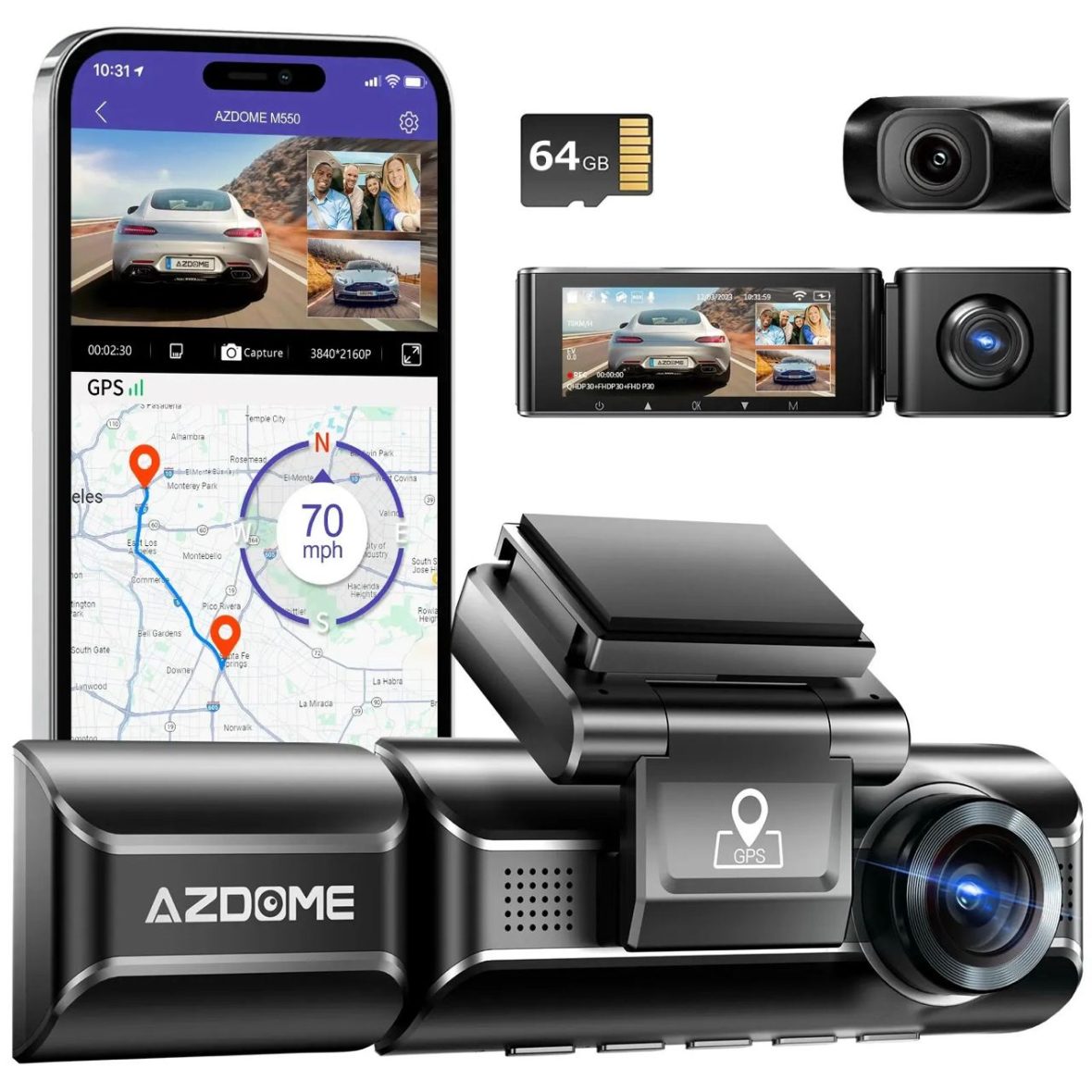 מצלמת רכב AZDOME M550 עם 3 מצלמות וGPS